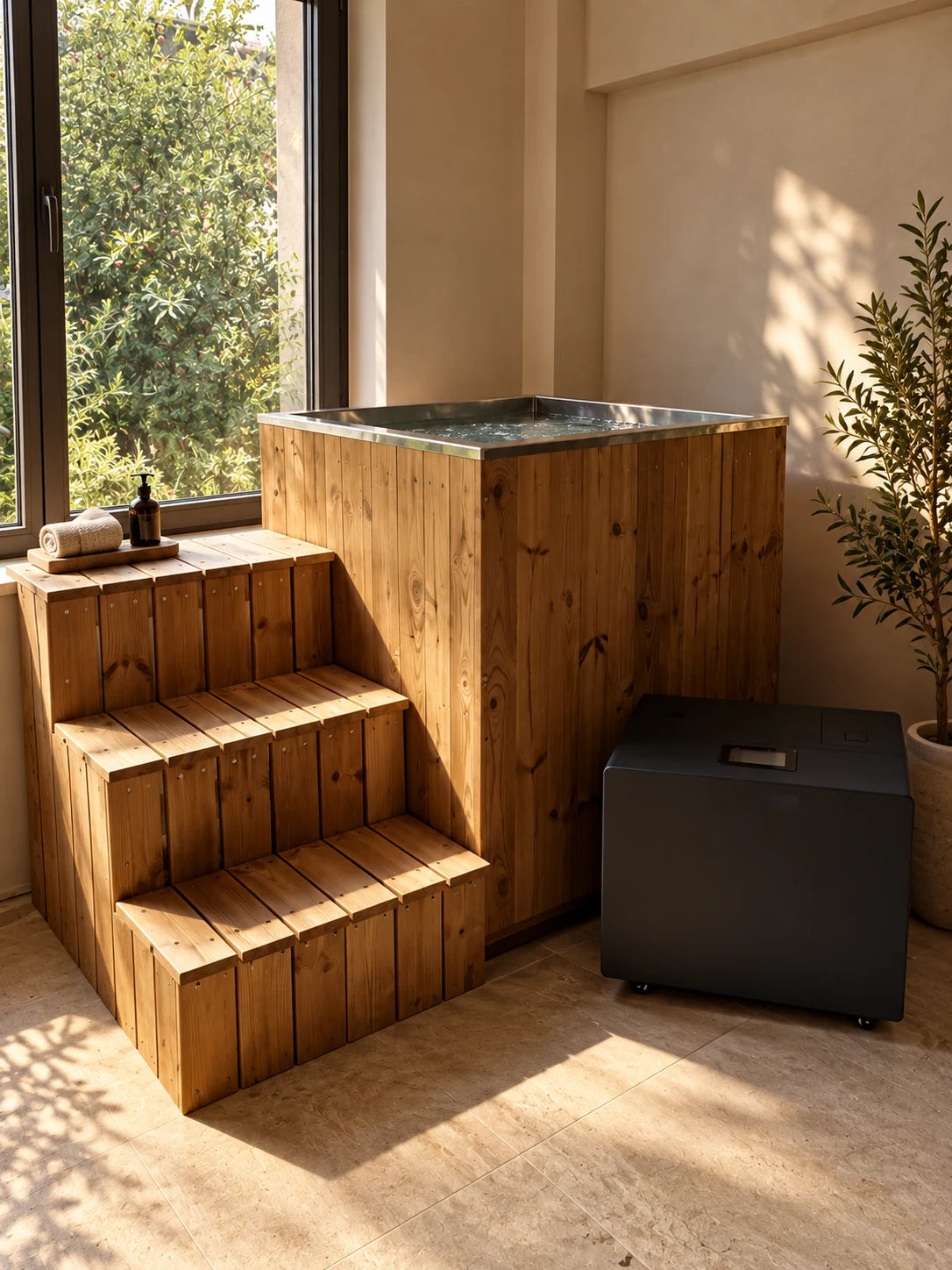 Ahşap kaplı buz banyosu, ahşap merdiven ve yanında chiller soğutucu ünitesi